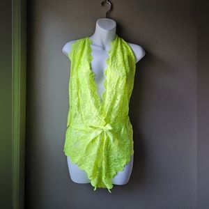 NWOT Neon Yellow Lace Plunging Bodysuit Lingerie 1XL